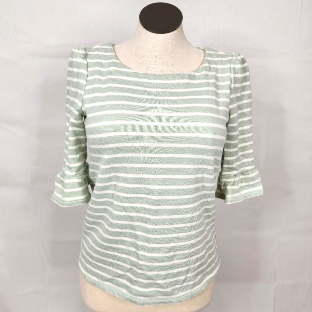 Modcloth Green White Striped Bell Sleeves Back Tie Detail Sz M